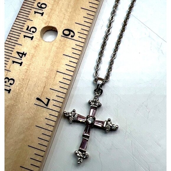 Vintage-Inspired Cookie Lee Cross Necklace With Pink & Clear Rhinestones. B76 - Picture 14 of 14